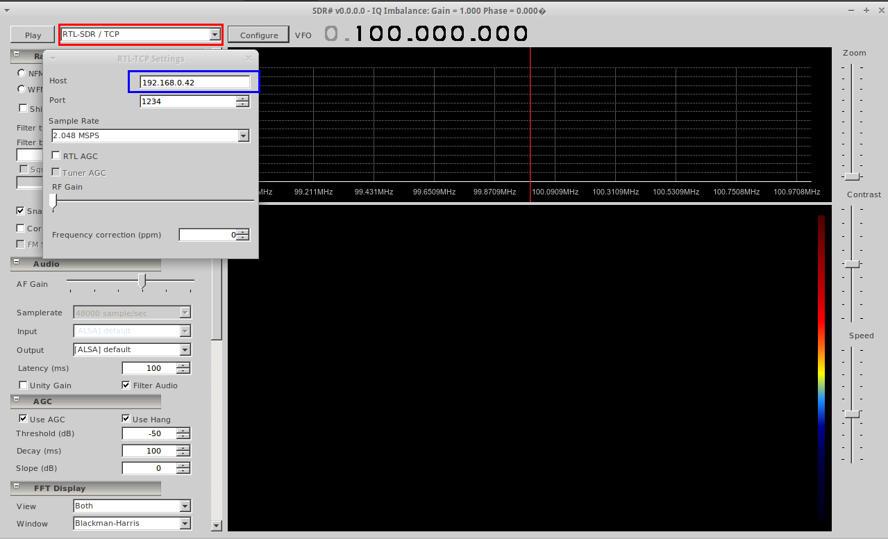 Screenshot der SDR sharp Oberfläche mit Markierungen für die Einstellungen